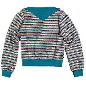 Poly/Cotton Vintage 80s Struts Striped knit top Teal Ribbed Trim, Juniors L-USA